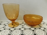 AMBER BOWL & ETCHED VASE