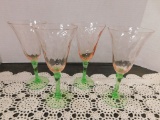 (4) TIFFIN GLASS FESTOON OPTIC PINK & GREEN STEMMED GOBLETS