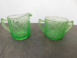 GREEN DEPRESSION GLASS CREAM & SUGAR