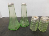 (2) PAIR GREEN DEPRESSION GLASS SALT & PEPPER SHAKERS