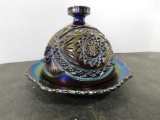 IRIDECENT AMETHYST CARNIVAL GLASS COVERED BUTTER DISH