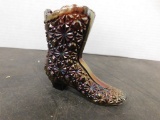 IRIDECENT AMETHYST CARNIVAL GLASS BUTTON & DAISY HIGH TOP GLASS SHOE