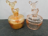 (2) GLASS DEER POWDER JARS - PINK & MARIGOLD DEPRESSION