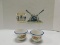 VINTAGE ENAMEL CUPS, MATCH HOLDER AND BUTTER KNIFE HOLDER