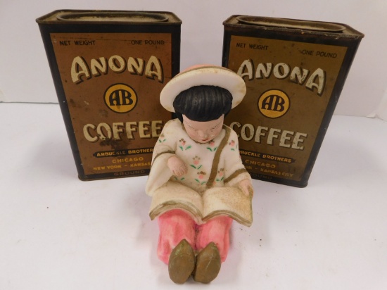 2 VINTAGE METAL COFFEE CANS W/ OREINTAL SALT FIGURINE