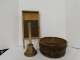 VINTAGE SMALL OAK BARRELL/ WASHBOARD AND COLTHES PLUNGER