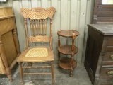VINTAGE OAK CHAIR AND THREE TIER TABLE