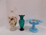 VINTAGE HAND PAINTED COMPOTE CANDY DISH AND TWO VASES