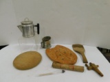 MISC LOT OF VINTAGE WOODEN UTENSILS AND TIN COFFEE POT