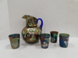 VINTAGE PAINTED CARNIVAL GLASS PITCHER WITH 4 GLASSES