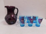 VINTAGE HAND PAINTED GLASS PITCHER WITH 6 GLASSES