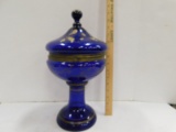 VINTAGE LIDDED COBALT BLUE GLASS BEVERAGE CADDY