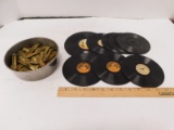 PAN OF BRASS HARDWARE & SEVERAL 78RPM CHILDREN'S RECORDS