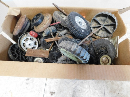 BOX OF BUDDY L & OTHER WHEELS, TIRES, AXLES