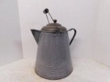 VINTAGE LARGE GREY ENAMEL COFFEE POT WITH BELL AND HANDLE