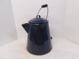 VINTAGE LARGE BLUE ENAMEL COFFEE POT WITH BELL