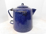 VINTAGE LARGE BLUE ENAMEL COFFEE POT WITH BELL AND HANDLE