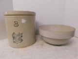 VINTAGE WESTERN STONE MARE 3 GALLON CROCK AND UNMARKED STONEWARE MIXING BOWL