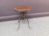 ANTIQUE VICTORIAN OAK TWISTED WROUGHT IRON PIANO STOOL