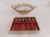 VINTAGE GLASS BOWL AND SILVER PLATED SPOONS