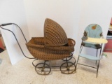 ANSCO TIN TOY HIGHCHAIR & WICKER DOLL BUGGY W/ STEEL RUNNING GEAR