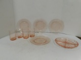 LOT OF DEPRESSION GLASS PLATES AND GLASSES