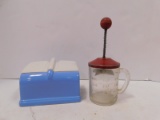 VINTAGE STONE WARE COLD SPOT REFRIGERATOR DISH AND GLASS JAR HAND CHOPPER