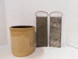 VINTAGE GALLON STONE WARE CROCK AND TWO FOOD GRATERS