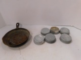 VINTAGE CAST IRON SKILLET WITH ZINC BALL LIDS