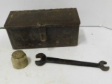 VINTAGE METAL FORDSON TOOL BOX WITH FORD WRENCH