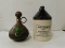 STONE WARE WHISKEY JUG AND LEATHER COVERED GLASS JUG