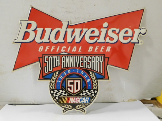 TIN BUDWEISER 50TH ANNIVERSARY NASCAR SIGN