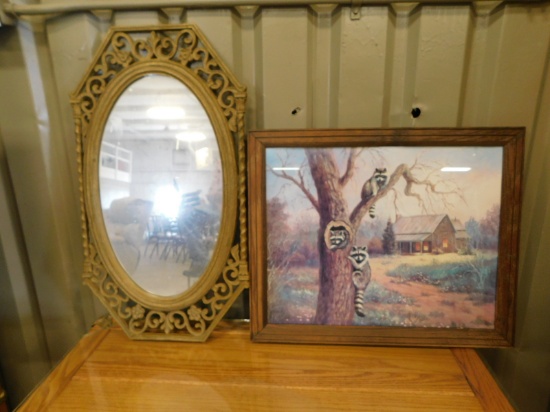 FRAMED PICTURE OF RACCOONS IN TREE AND MIRROR