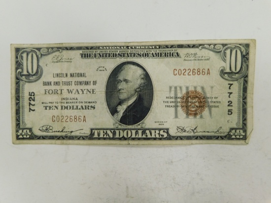 1929 FORT WAYNE INDIANA $10 NATIONAL NOTE