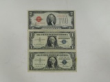 (2) 1957 SILVER CERTIFICATES & 1928 RED SEAL $2 BILL