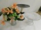 GLASS BASKET W/ FLOWERS, CANDY DISH & PEDISTAL STAND