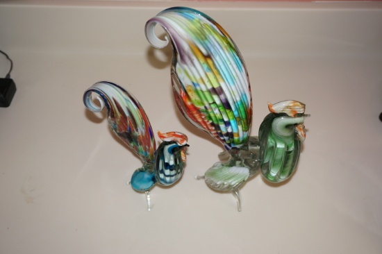 (2) ART GLASS ROOSTERS