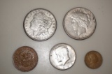 1923 PEACE DOLLAR, 1921 MORGAN DOLLAR, 1964 KENNEDY HALF & (2) MEXICAN COINS