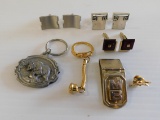 (3) CUFF LINKS, (2) KEY CHAINS, MONEY CLIP & HAT PIN
