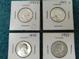 (4) SILVER WASHINGTON QUARTERS (2) 1943D, (2) 1945