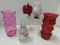 (4) MISC. PINK & RED VASES & APPLE PAPERWEIGHT