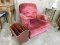 SMALL RED UPHOLSTERED CHAIR & MAGAZINE RACK