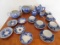 SMALL BLUE & WHITE CHILDS TEA SET & (5) INDIVIDUAL OPEN SALTS
