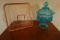 SQUARE PINK DEPRESSION GLASS TRAY & BLUE COIN GLASS CANDY DISH