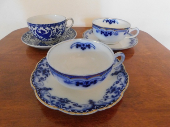 (3) FLOW BLUE CUPS & SAUCERS