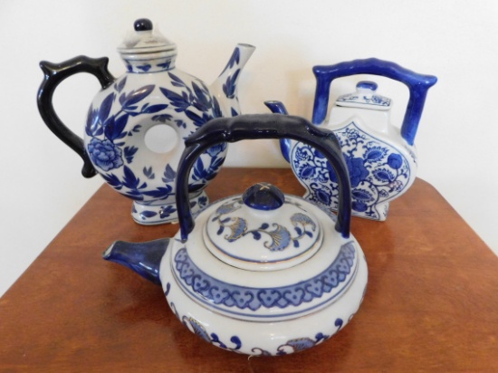 (3) BLUE & WHITE DECORATIVE TEA POTS