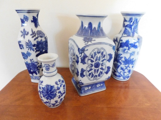 (4) ASSORTED BLUE & WHITE CERAMIC VASES