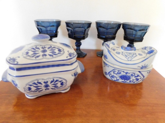 (4) BLUE GLASS GOBLETS & (2) CERAMIC COVERED POTS