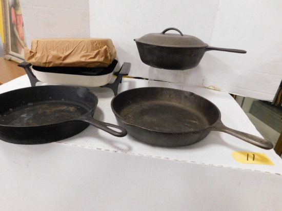 DU PONT ELECTRIC SKILLET & (3) CAST IRON SKILLETS