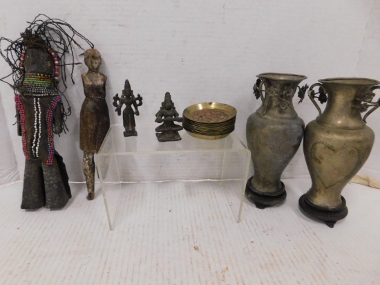 VASES; WOODEN VOODOO DALL; CARVED DOLL; BRASS FIGURINES & SMALL PLATES